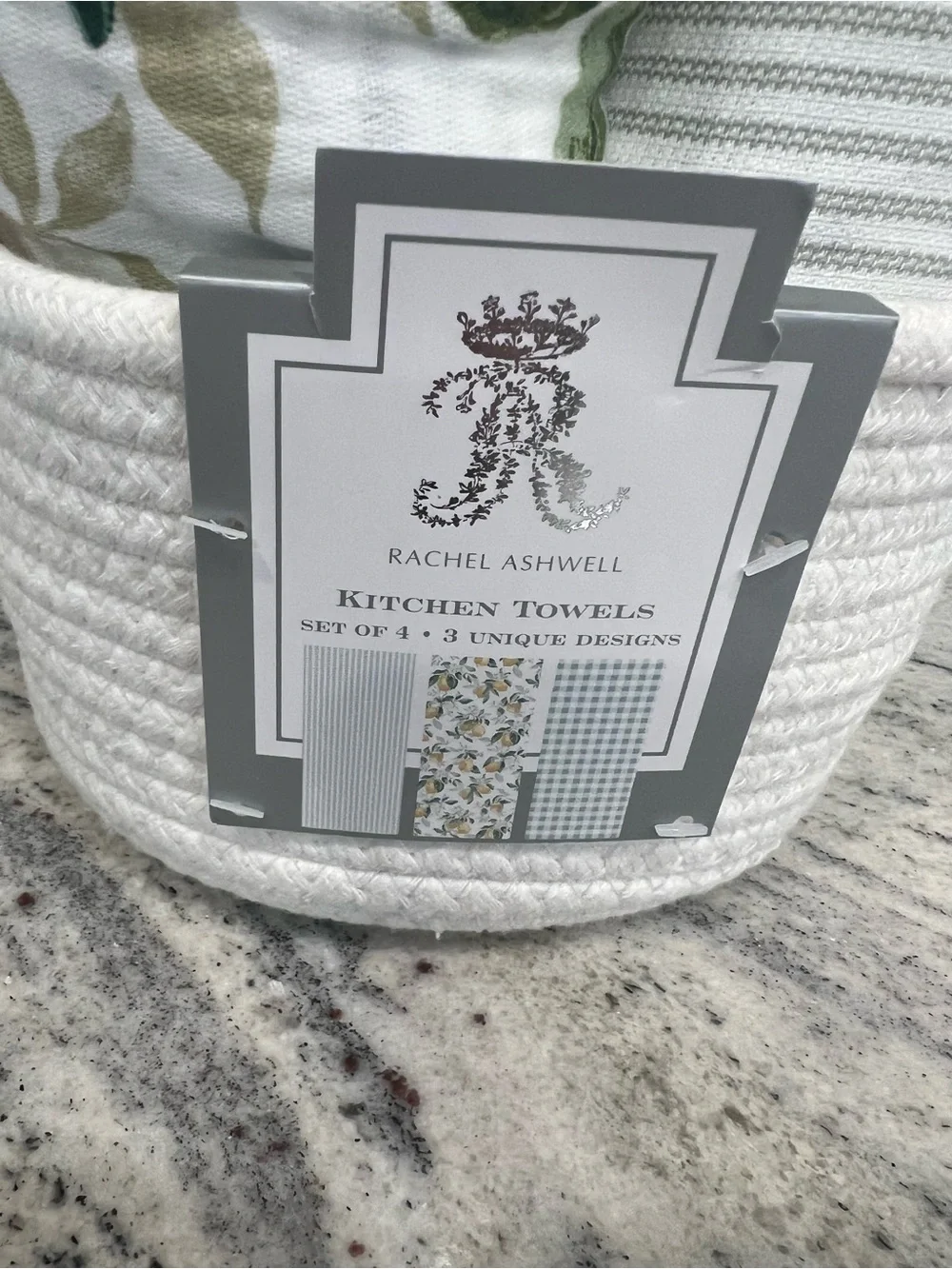 4 Rachel Ashwell lemons & Stripe Kitchen Towel Set with basket